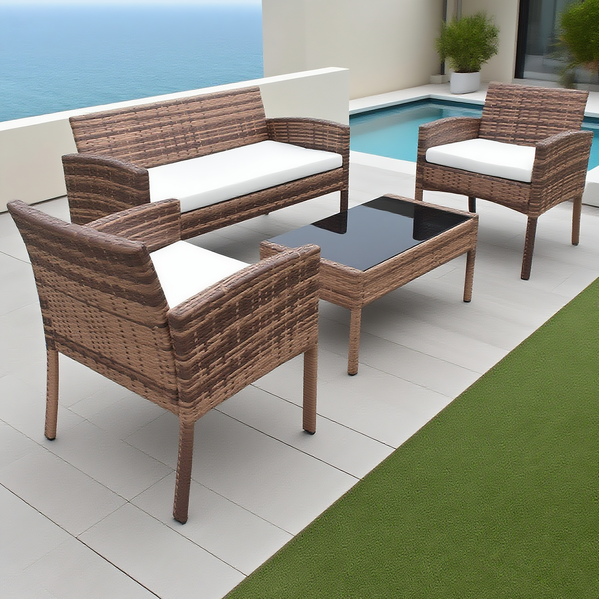4-Piece Rattan Patio Sofa Set with Glass Table