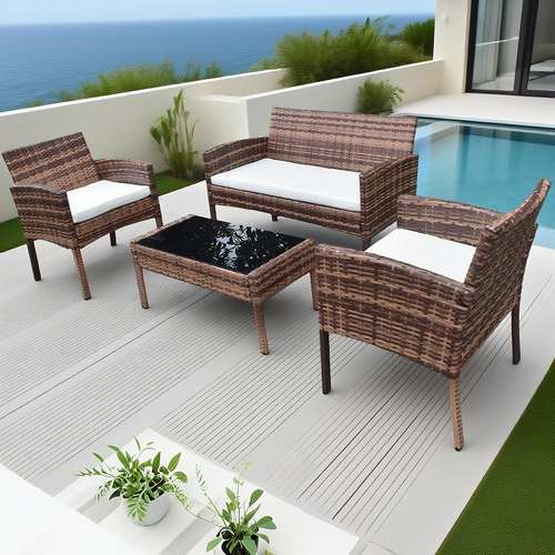 4-Piece Rattan Patio Sofa Set with Glass Table